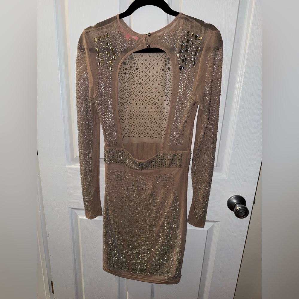 Xtaren Tan Bodycon Dress with Long Sleeves and Crew Neck